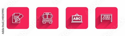 Set line Exam sheet and pencil, School Bus, Chalkboard and Pendulum with long shadow. Red square button. Vector photo