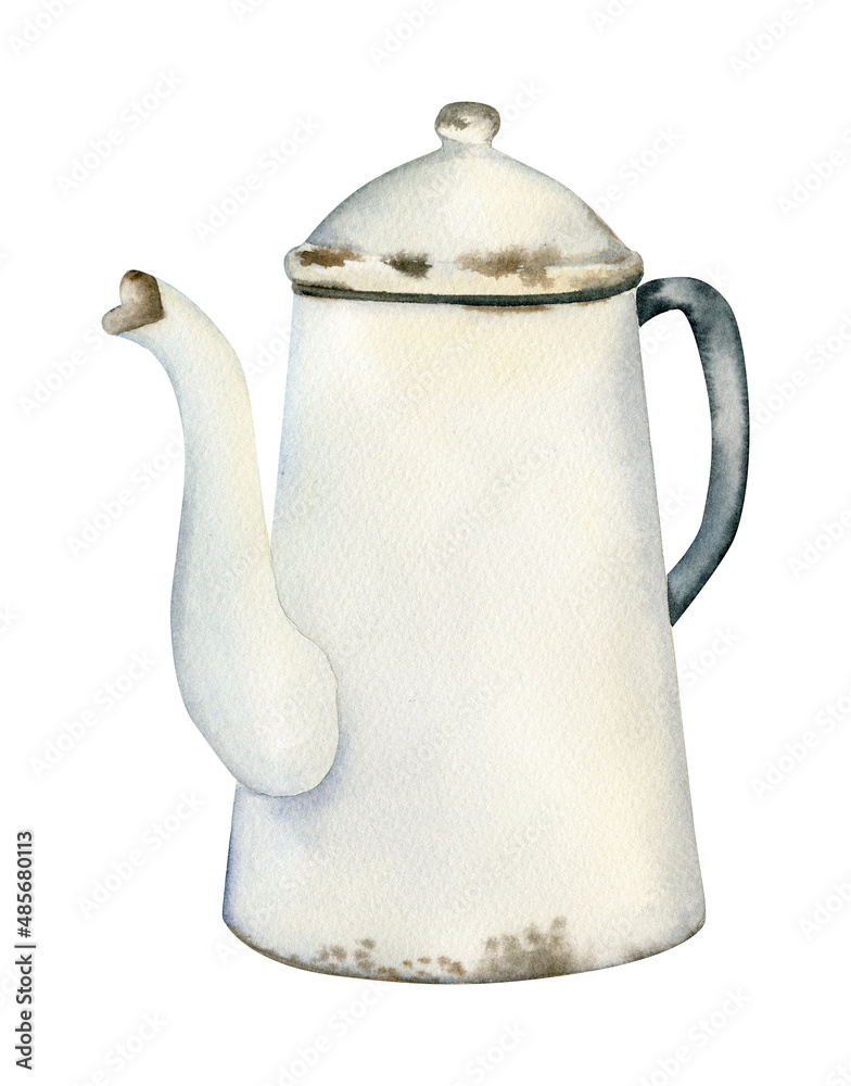 Fototapeta premium Watercolor rusty enamelware, vintage pot, hand drawn illustration isolated on white background. 