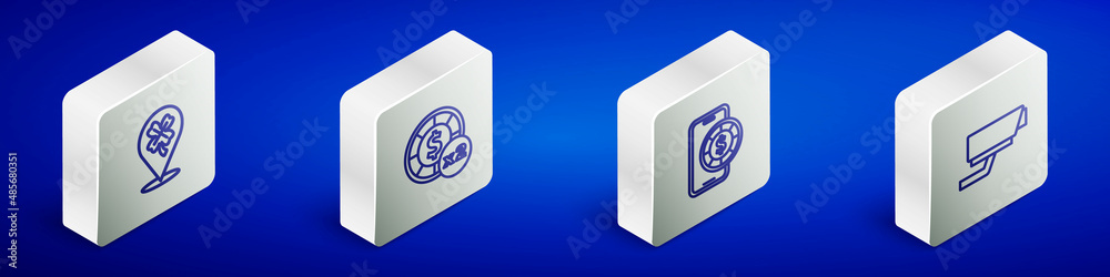 Set Isometric line Casino slot machine with clover, chips, Online poker table game and Security camera icon. Vector Set Isometric line Casino slot machine with clover, chips, Online poker table game and Security camera icon. Vector