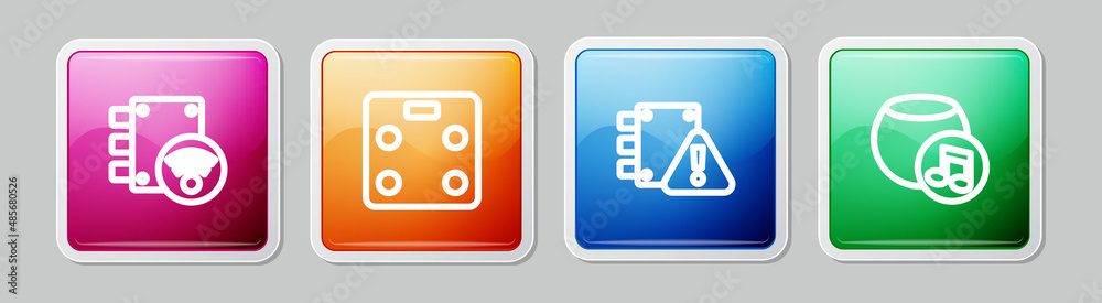 Set line Digital door lock, Smart bathroom scales, House under protection and Voice assistant. Colorful square button. Vector Set line Digital door lock, Smart bathroom scales, House under protection and Voice assistant. Colorful square button. Vector