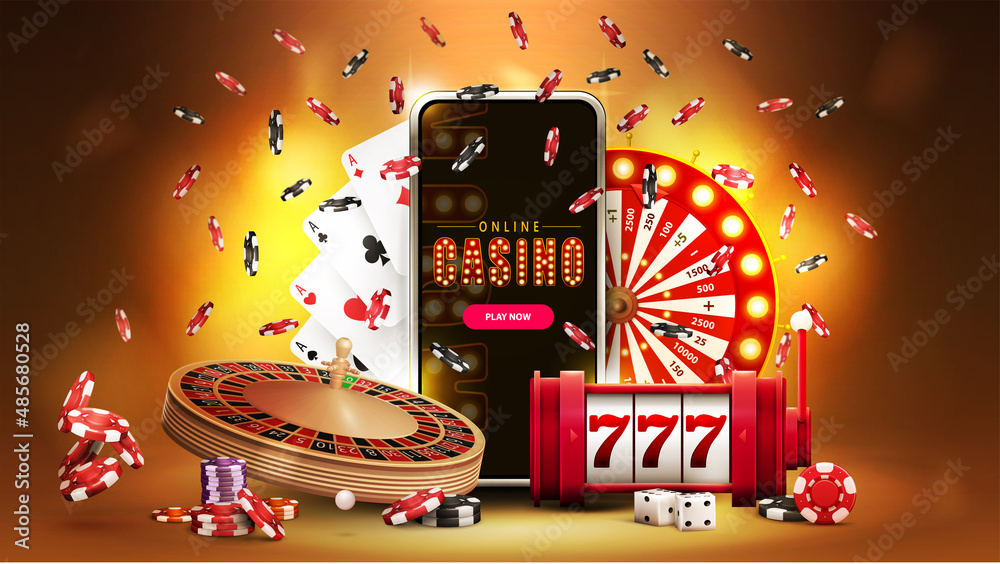 Vettoriale Stock Online casino, banner with smartphone, casino slot  machine, Roulette, playing cards, poker chips and Casino Wheel Fortune on  gold background with bokeh, 3d realistic vector illustration. | Adobe Stock