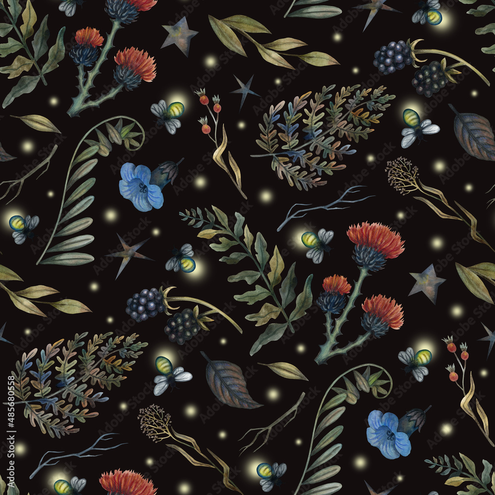 Watercolor seamless pattern for textiles and packaging. Plants and fireflies on a dark background. 