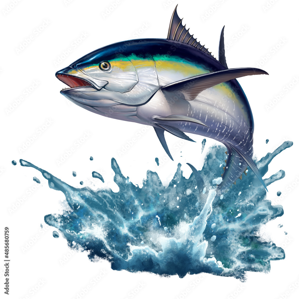 Black fin tuna jumping out of the water illustration isolate realism