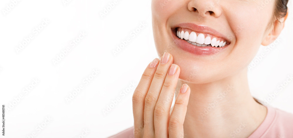 Obraz premium Perfect healthy teeth smile of a young woman. Teeth whitening. Dental clinic patient. Image symbolizes oral care dentistry, stomatology. Dentistry image