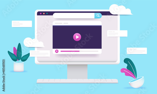 Online video - Desktop computer screen with movie content on screen. Vector illustration with blue background