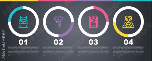 Set line Owl bird, Psilocybin mushroom, Guillotine and Vampire. Business infographic template. Vector