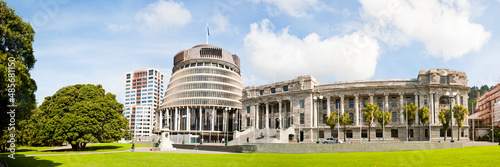 Panoramic Photo of the Beehive, the New Zealand Parliament Buildings, Wellington, North Island, New Zealand photo