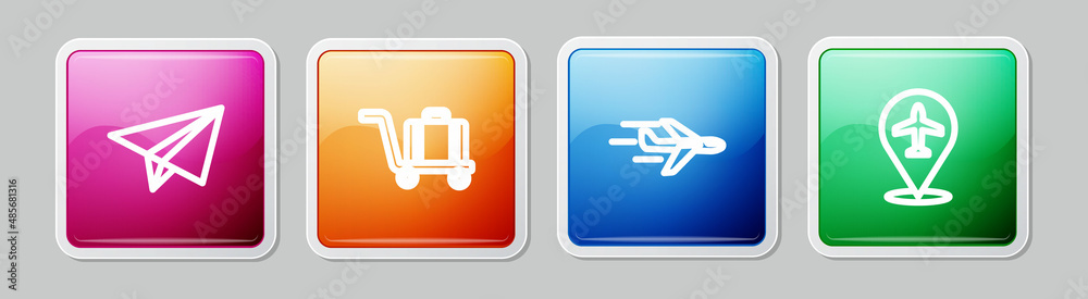 Set line Paper airplane, Trolley baggage, Plane and . Colorful square button. Vector