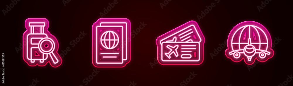 Set line Lost baggage, Passport, Airline ticket and Globe with flying plane. Glowing neon icon. Vector Set line Lost baggage, Passport, Airline ticket and Globe with flying plane. Glowing neon icon. Vector