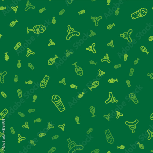 Set line Glass of beer, and Sausage on the fork on seamless pattern. Vector