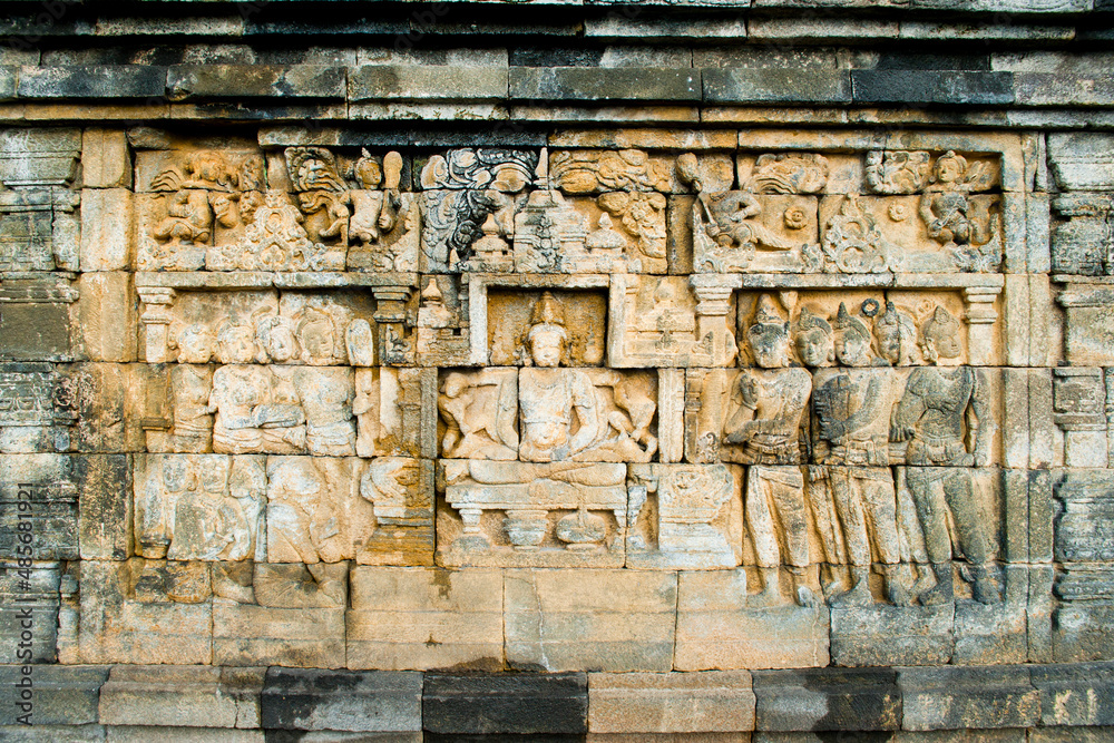 Close Up Photo of Detail of the Stone Bas Relief Carvings that Line the Walls of Borobudur Temple, Yogyakarta, Java, Indonesia, Asia