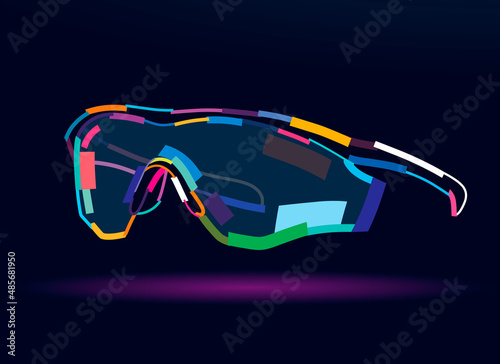 Abstract cycling sunglasses. Modern stylish sports bike sunglasses from multicolored paints. Colored drawing. Vector illustration of paints