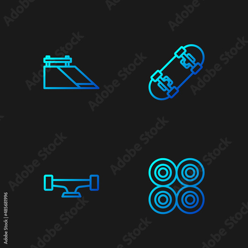 Set line Skateboard wheel, , park and . Gradient color icons. Vector