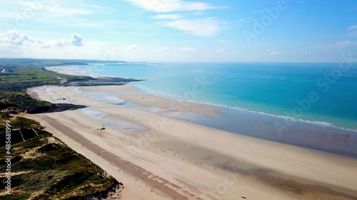 Fototapeta Naklejka Na Ścianę i Meble -  aerial view of the beach between ambleteuse, dunes de la slack and wimereux looking towards Boulogne sur Mer, Opal Coast, Pas-de-Calais, Hauts-de-France, France