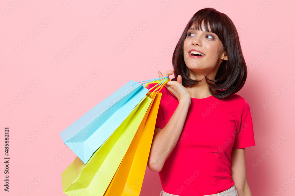 portrait woman shopping in the store fun entertainment pink background portrait woman shopping in the store fun entertainment pink background