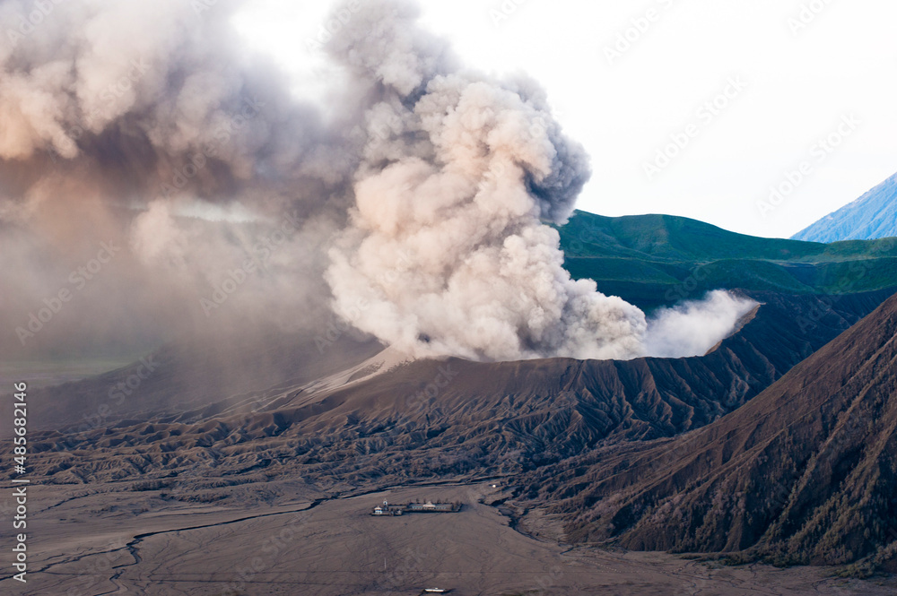 Mount Bromo Erupting at Sunrise Sending Ash Clouds High into the Sky, East Java, Indonesia, Asia