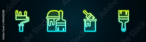 Set line Paint roller brush, bucket with, and . Glowing neon icon. Vector