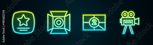 Set line Walk of fame star, Movie spotlight, Old film movie countdown frame and Retro cinema camera. Glowing neon icon. Vector