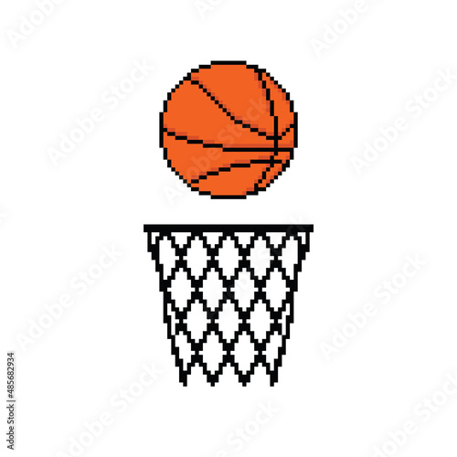 pixel   basketball hoop and ball pixel art icon element for 8 bit game 