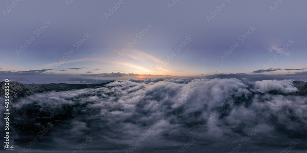 Aerial droen view of beautiful clouds with sunset  in mountain