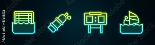 Set line Water polo, Aqualung, Sport mechanical scoreboard and Windsurfing. Glowing neon icon. Vector