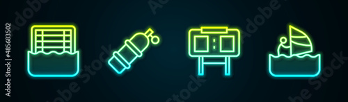 Set line Water polo, Aqualung, Sport mechanical scoreboard and Windsurfing. Glowing neon icon. Vector