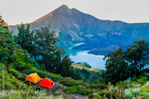 Canvas Print Camping on Mount Rinjani Crater Rim at the First Night Camping on the Three Day
