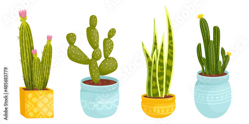A set of cacti, succulents in ceramic flowerpots.
Cartoon vector graphics.
