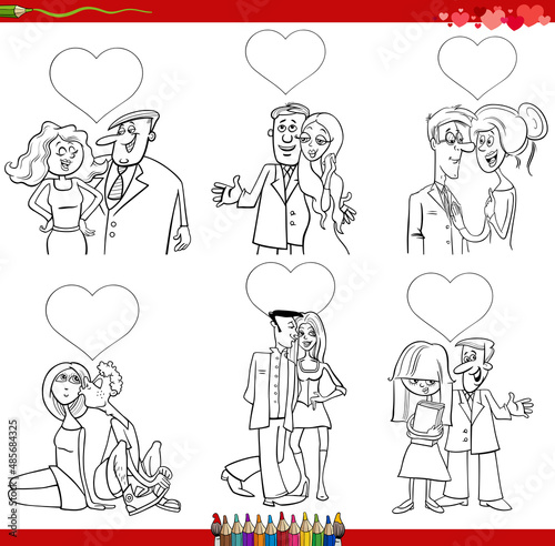 cartoon couples in love on Valentine Day coloring book page
