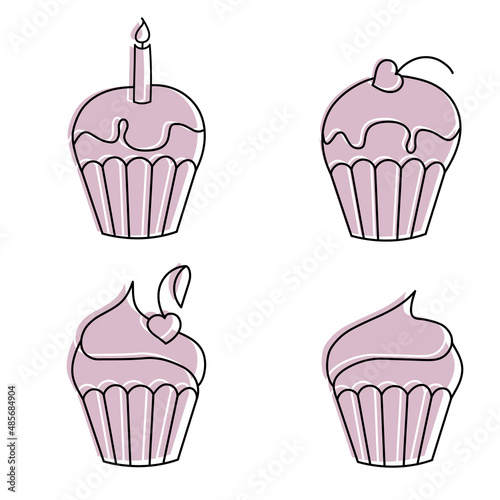 set of four cream pies decorated with cherries and candles, birthday celebration, heart-shaped, valentines day card, isolated on white background, black outline pink fill