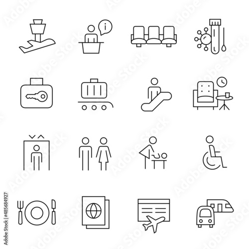 Airport line icon set. Pictograms included baggage claim, business lounge, transportation, timetable, elevator, restaurant.