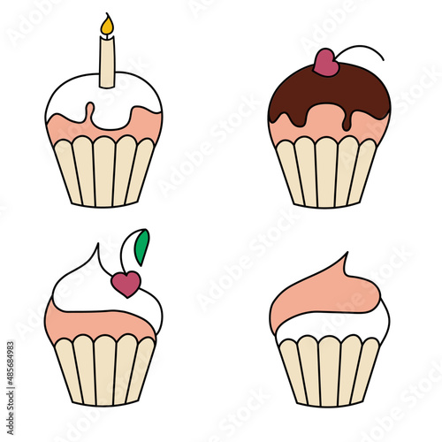 set of four cream pies decorated with cherries and candles, birthday celebration, heart-shaped cherry, Valentines day card, isolated on white background, multicolored fill vector
