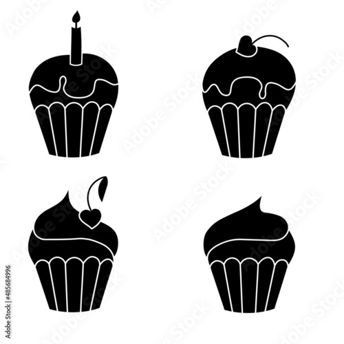 a set of four cream pies decorated with a cherry and a candle, birthday celebration, a cherry in the form of a heart, a Valentine's day card, inverted isolate on a white background,