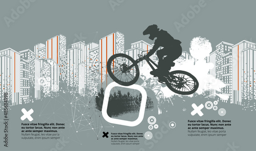Active man. BMX rider in abstract sport landscape background, vector