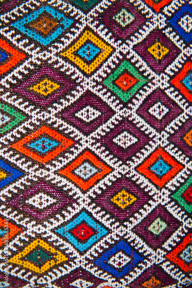 Close up photo of colourful material on a cushion, Marrakech (Marrakesh), Morocco, North Africa, Africa