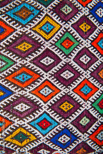 Close up photo of colourful material on a cushion, Marrakech (Marrakesh), Morocco, North Africa, Africa