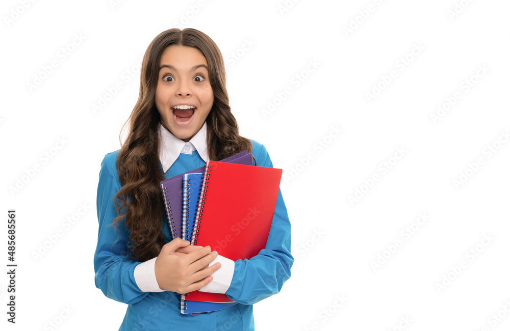 amazed child long curly hair hold school workbook isolated on white, school amazed child long curly hair hold school workbook isolated on white, school