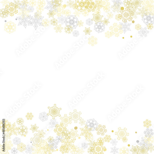 Gold snowflakes frame on white background. New year theme. Stylish shiny Christmas frame for holiday banner, card, sales, special offers. Falling snow with gold snowflakes and glitter for party invite © Holo Art