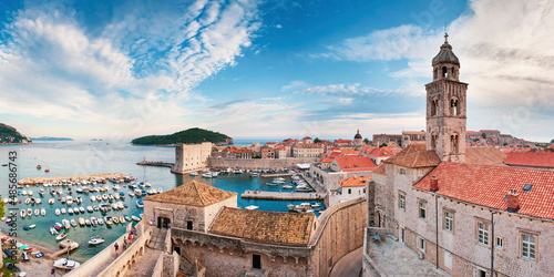 Panoramic photo of Dubrovnik Old Town Harbor and the Dominican Monastery from Dubrovnik city walls, Dalmatia, Croatia