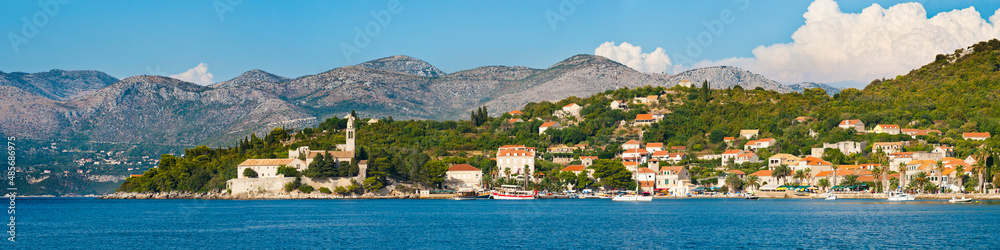 Panoramic photo of Lopud Island and the Franciscan Monastery, Elaphiti Islands, Dalmatian Coast, Croatia