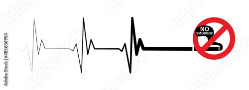 No smoking sign concept with ekg ecg heartbeat design. Smoking causes heart disease vector illustration with cigarette and heartbeat monitor design.
