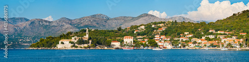 Panoramic photo of Lopud Island and the Franciscan Monastery, Elaphiti Islands, Dalmatian Coast, Croatia