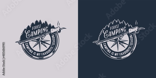 Forest and compass, stick with marshmallows for camping. Tree landscape for design of travel or explore camp. Design for wanderlust and adventure