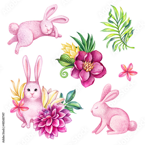 watercolor illustrations set. Easter pink bunny, tropical flowers and green leaves. Festive floral clip art isolated on white background © wacomka