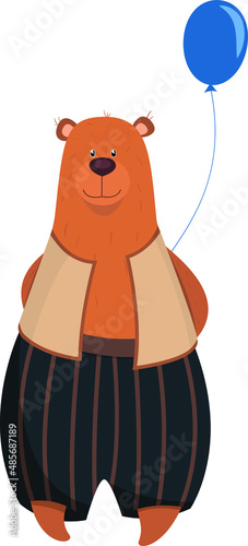 The brown bear smiles and holds a blue balloon in its paws behind its back.