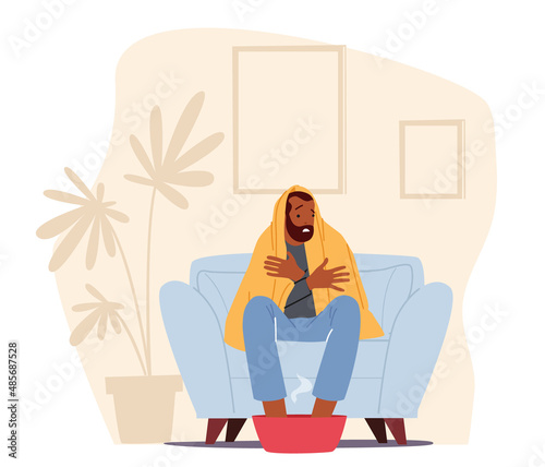 Flu and Influenza Disease Symptoms. Ill Man Soar Feet Sitting on Sofa Covered with Plaid, Character Suffering of Virus