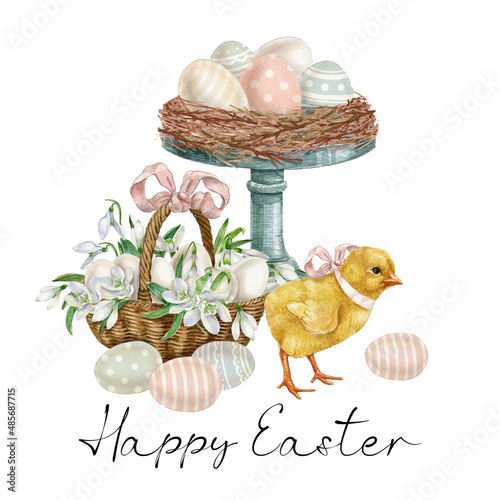 Canvas Print Watercolor easter vase with white egg ,white flowers, little chick