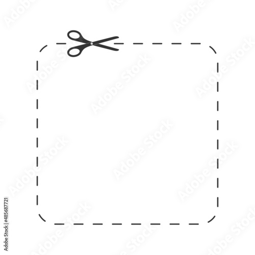 Scissors cutting dotted lined square shape. Cut here pictogram for paper discount coupon, voucher, promo code. Outline vector illustration isolated on white background