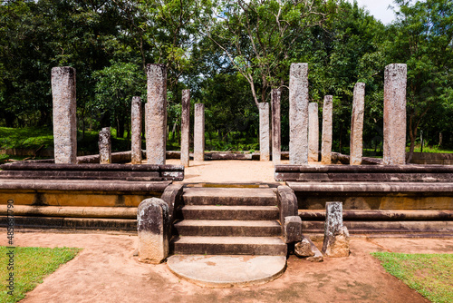 Sacred City of Anuradhapura, stone pillar ruins at the Abhayagiri Monastery, Sri Lanka, Asia photo