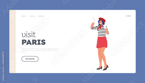 Visit Paris Landing Page Template. Classic Look French Female Mime Showing Pantomime Holding Hands on Invisible Wall